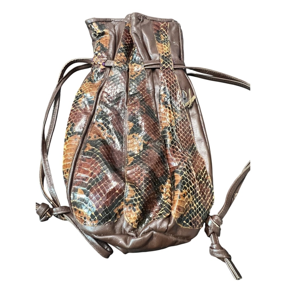 Timmy Woods Beverly Hills Vintage 1977 Brown Leather Snakeskin Drawstring Bag